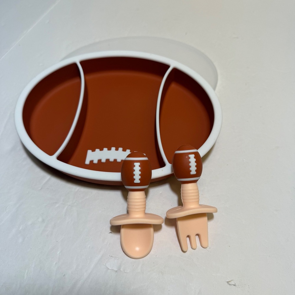 Football Silicone Suction Plate Set with Fork Spoon and Lid Brown White Kids
